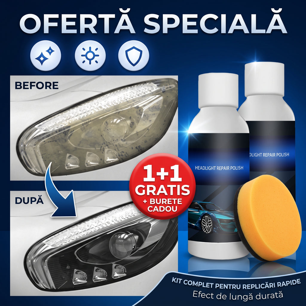 POLISHLY - Lichid si burete pentru Curățarea și Protecția Farurilor (1+1 Gratis)