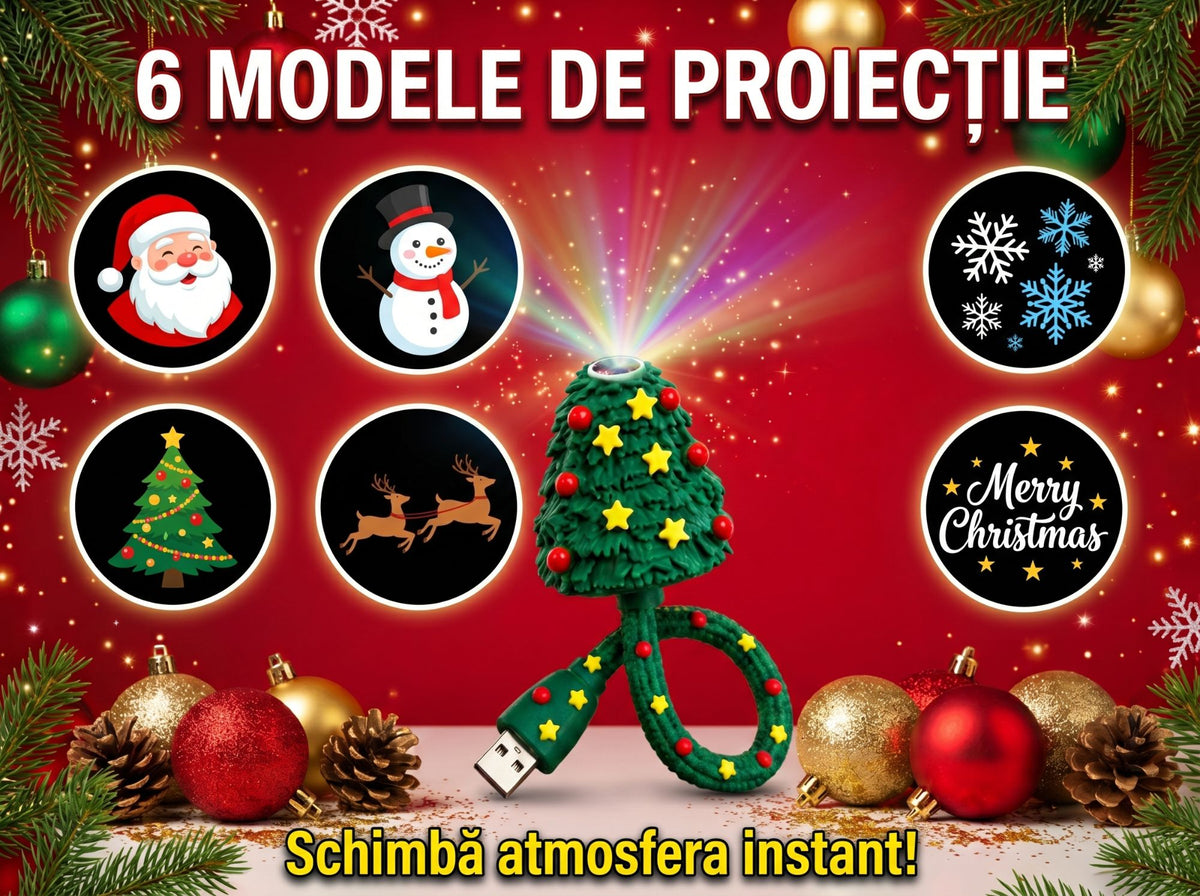 6 modele de proiectie - Mos Craciun, fulgi de nea, reni, brazi, clopotei